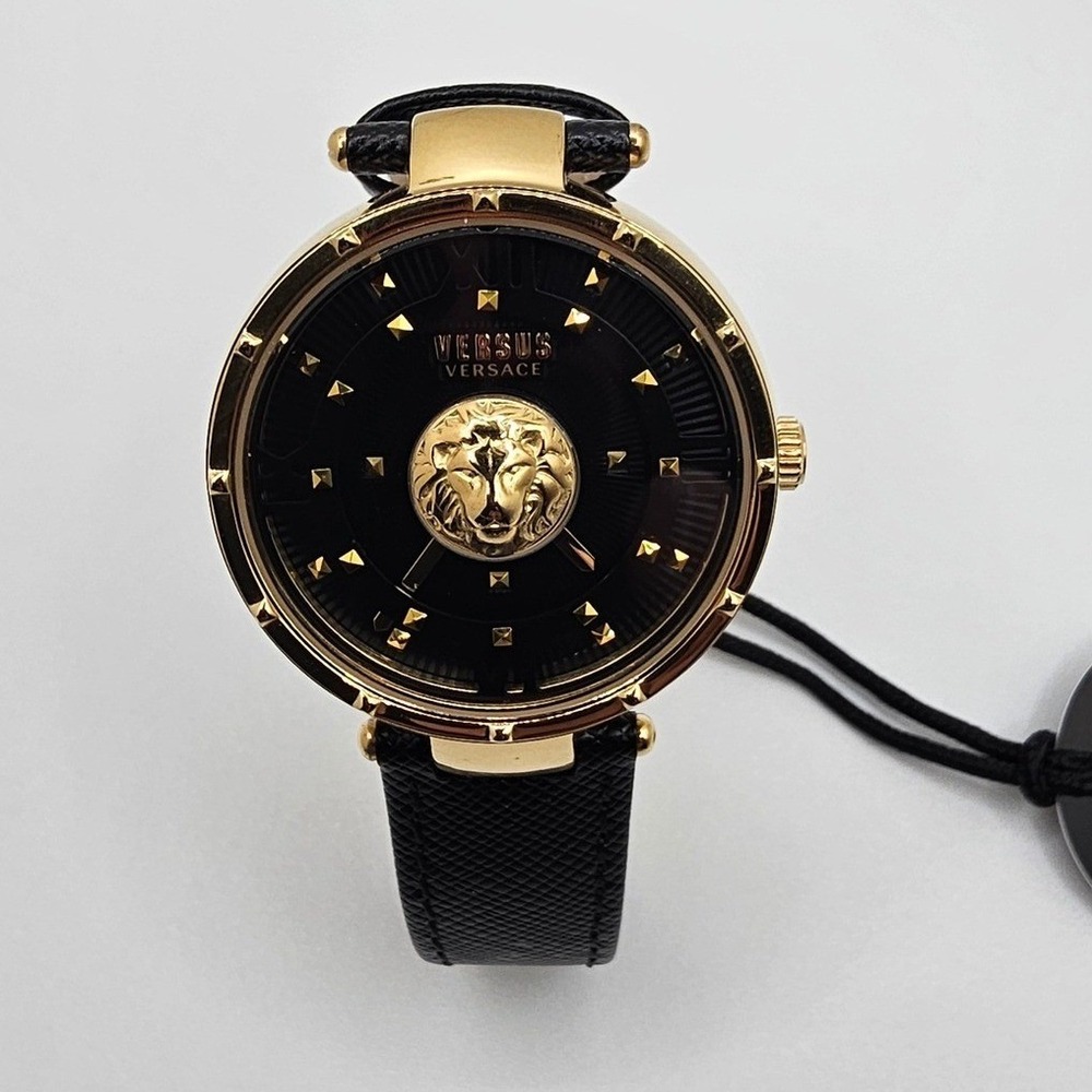 Versus Versace Moscova Lion Head Gold Black Leather Women's Watch 38mm